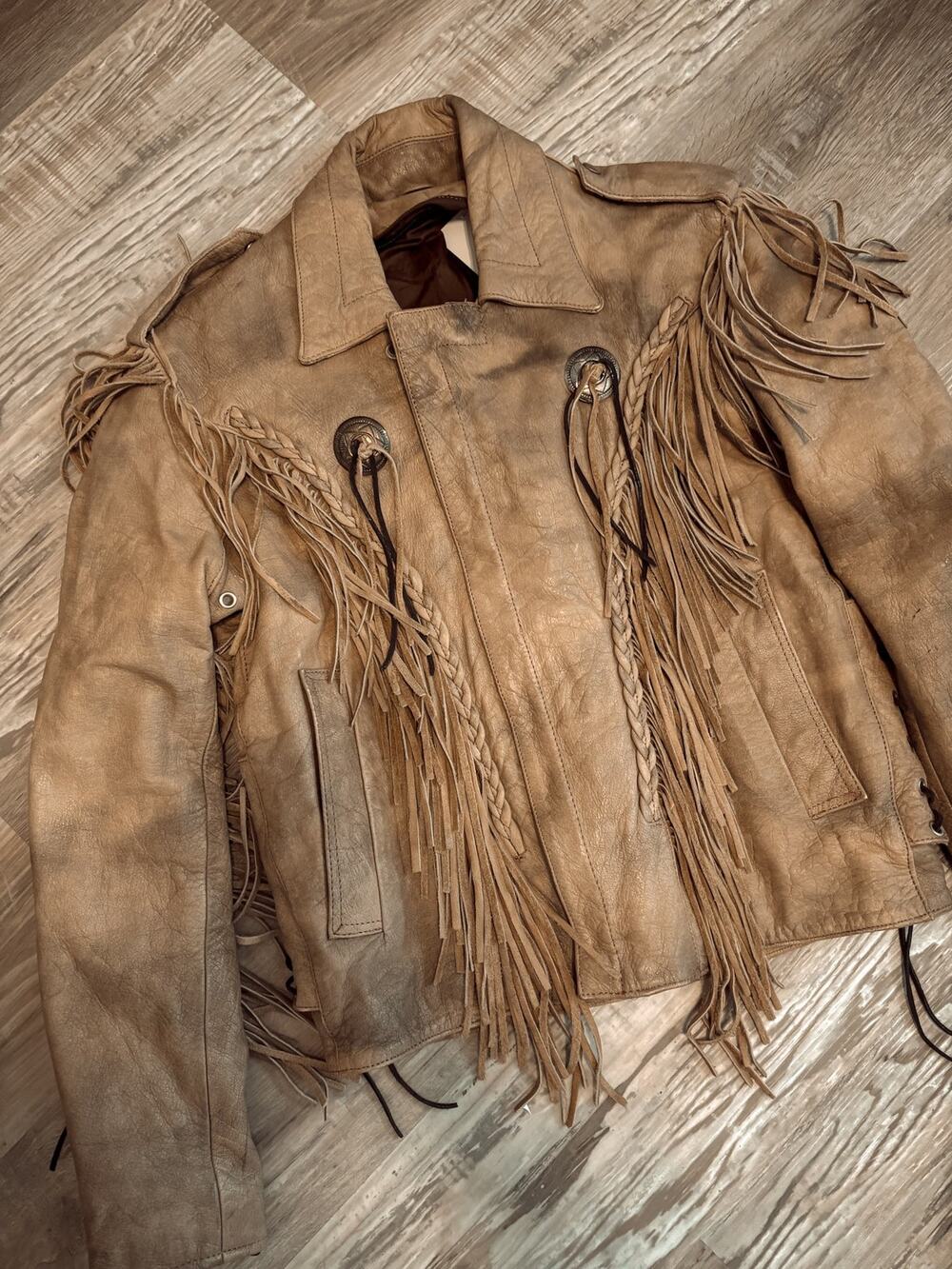 vintage gorgeous tan leather fringe concho biker jacket